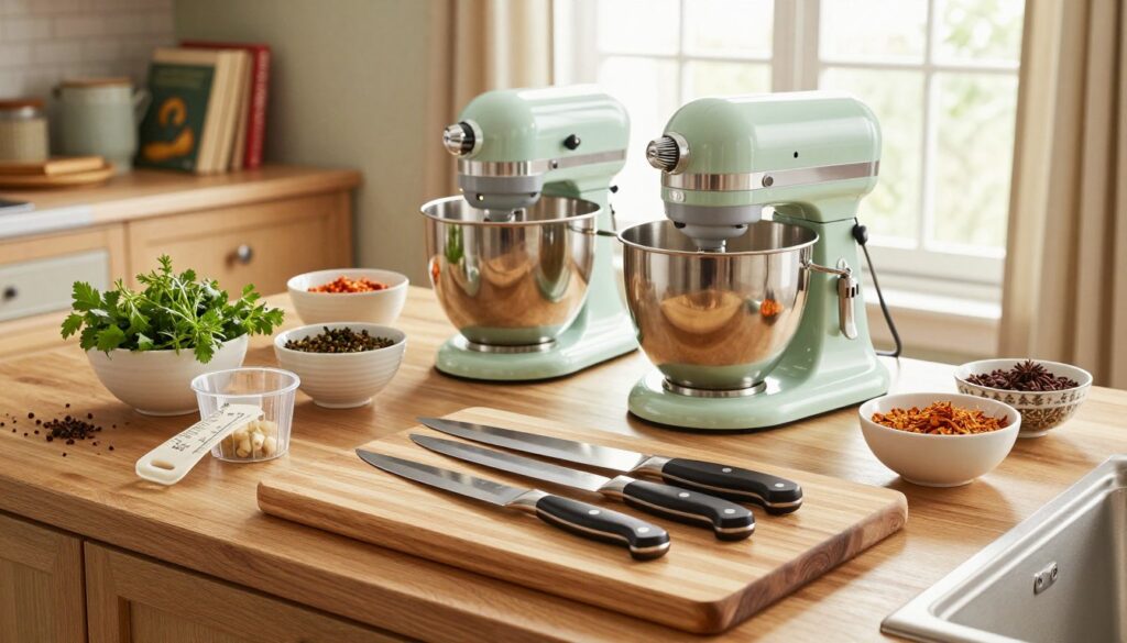 A well-organized and welcoming kitchen scene depicting essential tools inspired by Ina Garten. In the foreground, showcase a beautiful wooden cutting board with a set of high-quality chef’s knives and measuring cups neatly arranged. In the middle, feature a vintage-style stand mixer in a soft pastel color and various elegant ceramic bowls filled with fresh herbs, spices, and colorful ingredients. The background should include wooden cabinetry adorned with cookbooks, a large window letting in natural light, and soft curtains, creating a warm and inviting atmosphere. Use bright, diffused lighting to highlight the textures, and consider a slightly elevated angle to capture the full layout, conveying a sense of culinary success and inspiration.