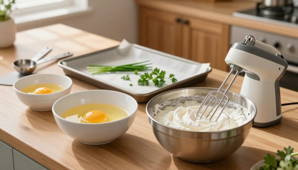 A well-organized kitchen counter, featuring essential cloud egg recipe equipment. In the foreground, a large mixing bowl filled with fluffy whipped egg whites, a hand mixer resting beside it. A pair of egg yolks in separate small bowls ready to be added. In the middle, a baking tray lined with parchment paper, some fresh herbs like chives and parsley scattered artistically. An attractive set of measuring spoons and a spatula positioned nearby. The background shows a softly lit kitchen with warm wooden cabinets and a hint of natural sunlight filtering through a window, creating a cozy and inviting atmosphere. The image should evoke a sense of ease and culinary delight, with a focus on simplicity and elegance.