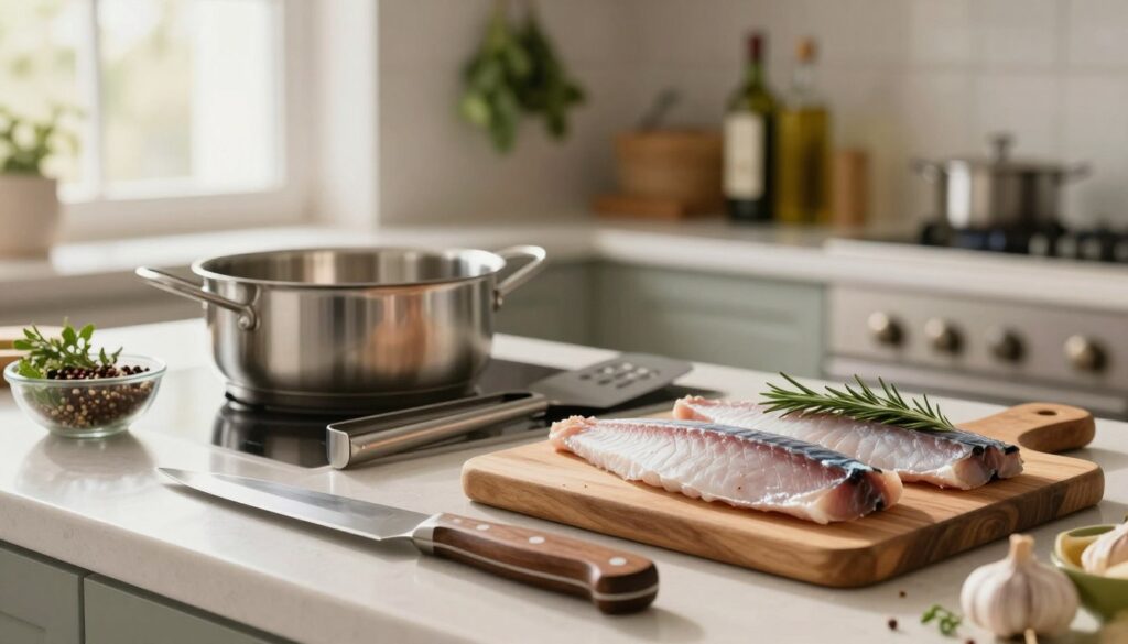 A well-organized kitchen countertop displaying essential tools to cook bonito Italian style. In the foreground, showcase a high-quality knife with a wooden handle, a wooden cutting board with fresh bonito fillets, and a small bowl filled with herbs and spices, including rosemary and garlic. In the middle ground, include a stainless steel saucepan, a pair of tongs, and a fish spatula. The background features a softly lit kitchen setting with hanging herbs, olive oil bottles, and a window letting in warm, natural light. Use a shallow depth of field to create a soft blur in the background, emphasizing the tools in the foreground. Aim to evoke a warm and inviting cooking atmosphere, perfect for a culinary adventure.