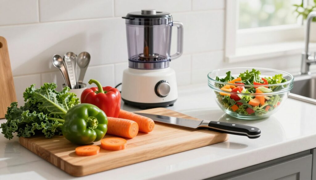 A well-organized kitchen countertop featuring essential tools for healthy meal preparation. In the foreground, a vibrant wooden cutting board displays fresh vegetables like kale, bell peppers, and carrots, alongside a high-quality chef's knife. The middle ground includes a sleek food processor and a set of measuring cups, emphasizing precision and efficiency. A glass mixing bowl brimming with a colorful salad sits nearby. In the background, bright, natural light streams through a window, casting soft shadows and creating a warm, inviting atmosphere. The scene captures a sense of health and vitality, with a slight focus on the fresh ingredients and tools that promote nutritious cooking. The overall vibe is clean, cheerful, and motivational, suitable for inspiring healthy eating habits.