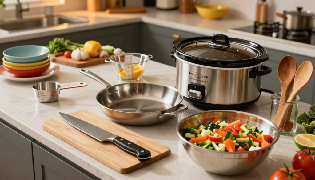 A well-organized kitchen countertop set for game day cooking, showcasing essential kitchen tools. In the foreground, include a cutting board with a sharp chef’s knife and a substantial mixing bowl filled with colorful chopped vegetables. In the middle, display a sleek, stainless-steel skillet and a reliable slow cooker, prominent alongside measuring cups and a set of wooden spoons. The background features an inviting kitchen space with warm, ambient lighting, highlighting vibrant dishware and fresh ingredients. Capture an overhead angle to convey a sense of productivity and excitement, creating a cozy yet energetic atmosphere perfect for game day cooking.