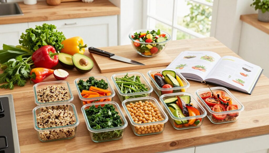 A well-organized vegan meal prep station in a bright, modern kitchen. In the foreground, neatly arranged glass containers filled with vibrant, colorful meals featuring quinoa, kale, chickpeas, and roasted vegetables. In the middle, a spacious wooden countertop displays a variety of fresh ingredients like avocados, bell peppers, and herbs, alongside a cutting board with a chef's knife. A bowl with a simple salad and a recipe book with easy, plant-based instructions are open. In the background, a sunny window allows natural light to flood the scene, creating an inviting atmosphere. Capture this from a top-down angle to emphasize the neatly organized ingredients and the high-energy, productive vibe of vegan meal prep. The mood is cheerful and inspiring, showcasing a healthy lifestyle.
