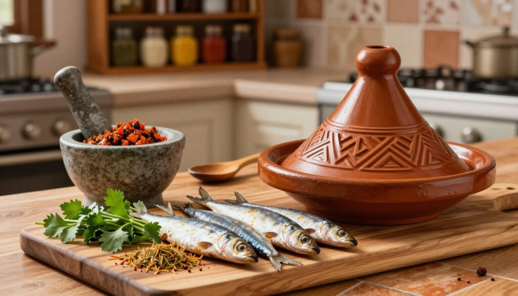 An inviting kitchen scene showcasing essential equipment for making authentic Moroccan sardine tagine. In the foreground, a beautifully crafted tagine pot with intricate geometric designs sits on a wooden cutting board, surrounded by fresh sardines, vibrant green herbs, and spices like cumin and paprika. A mortar and pestle stand nearby, with partially prepared chermoula sauce, showcasing its vibrant color. In the middle ground, a well-used wooden spoon and a traditional Moroccan spice rack filled with colorful jars can be seen. The background features soft, warm lighting that creates a cozy atmosphere, enhancing the richness of the wooden kitchen and terracotta tiles. Captured at a slight angle to add depth, this image conveys an authentic, homey feel, perfect for inspiring culinary exploration.