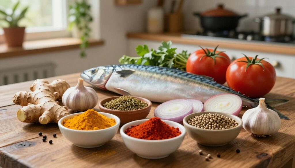 Aromatic fish masala ingredients beautifully laid out on a rustic wooden table. In the foreground, vibrant turmeric, red chili powder, and coriander seeds are neatly arranged in small bowls, surrounded by fresh ginger, garlic, and whole spices like cumin and black peppercorns. In the middle ground, a fresh catch of fish, such as mackerel or tilapia, rests elegantly beside sliced onions and tomatoes. In the background, a sunlit kitchen with herbs hanging and traditional cookware sets a warm, inviting atmosphere. The lighting is soft and natural, highlighting the vibrant colors of the spices and the freshness of the ingredients, creating an authentic and homely vibe for a seafood masala blend preparation scene.