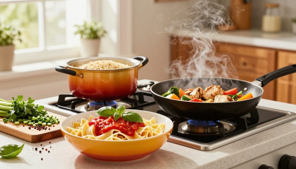 Colorful stovetop lunch preparations in a cozy kitchen setting. In the foreground, a vibrant bowl of fresh pasta covered in a rich tomato sauce, garnished with basil leaves, sits beside a sizzling skillet with vegetables and chicken being sautéed, steam rising. In the middle, a clean stovetop with a pot of quinoa boiling and a cutting board displaying chopped herbs and spices. The background includes warm wooden cabinets and a soft-focus window with natural light streaming in, giving an inviting ambiance. The scene conveys a sense of quick, healthy homemade meal preparation, showcasing various ingredients and cooking utensils. The atmosphere is cheerful and energetic, perfect for inspiring simple lunch ideas ready in minutes.
