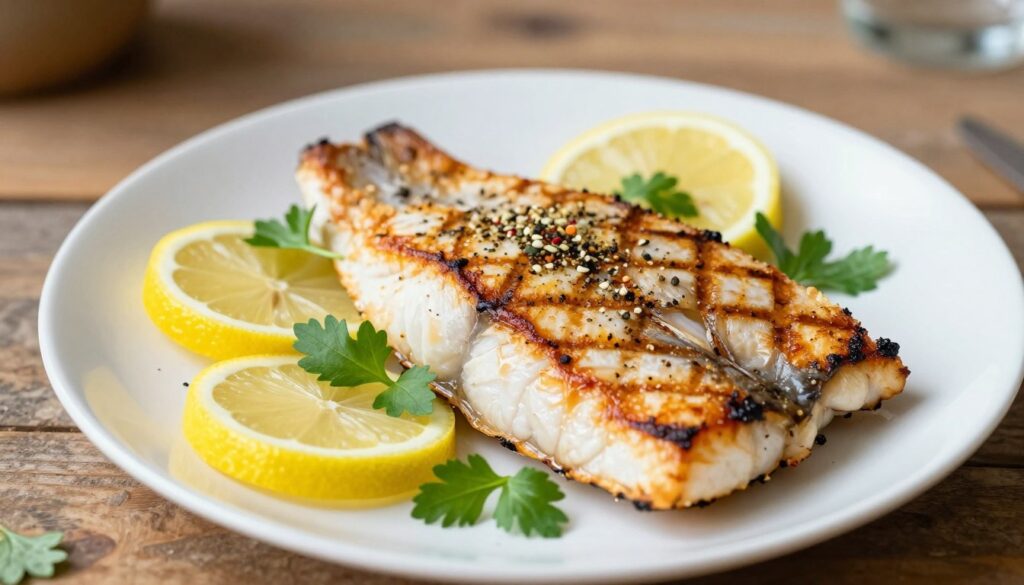 Delicious grilled fish fillets arranged artfully on a white plate, garnished with vibrant green herbs and slices of fresh lemon. The fillets are golden brown with tantalizing grill marks, indicating perfect cooking. Lightly sprinkled with a blend of seasonings, the fish evokes a mouthwatering aroma. The background features a rustic wooden table, subtly blurred to emphasize the dish. Soft, natural lighting creates a warm and inviting atmosphere, enhancing the freshness of the ingredients. The angle is slightly above the plate, capturing the details of the fillets and garnishes while presenting a cozy, home-cooked feel. No text or overlays are present, focusing solely on the deliciousness of the grilled fish.