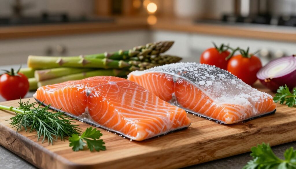 Fresh and frozen salmon fillets displayed side by side on a rustic wooden cutting board. The fresh salmon features vibrant, rich orange hues with glistening, moist surfaces, while the frozen salmon shows a frosty texture with icy crystals. In the foreground, fresh herbs like dill and parsley enhance the color palette, adding freshness and vibrancy. In the middle, an assortment of colorful vegetables such as asparagus, cherry tomatoes, and red onion are arranged artfully around the salmon. The background is softly blurred, featuring a cozy kitchen setting with warm ambient lighting that creates a welcoming atmosphere. A shallow depth of field accentuates the salmon, making it the focal point of the image, capturing the essence of a delicious one-pan dinner.