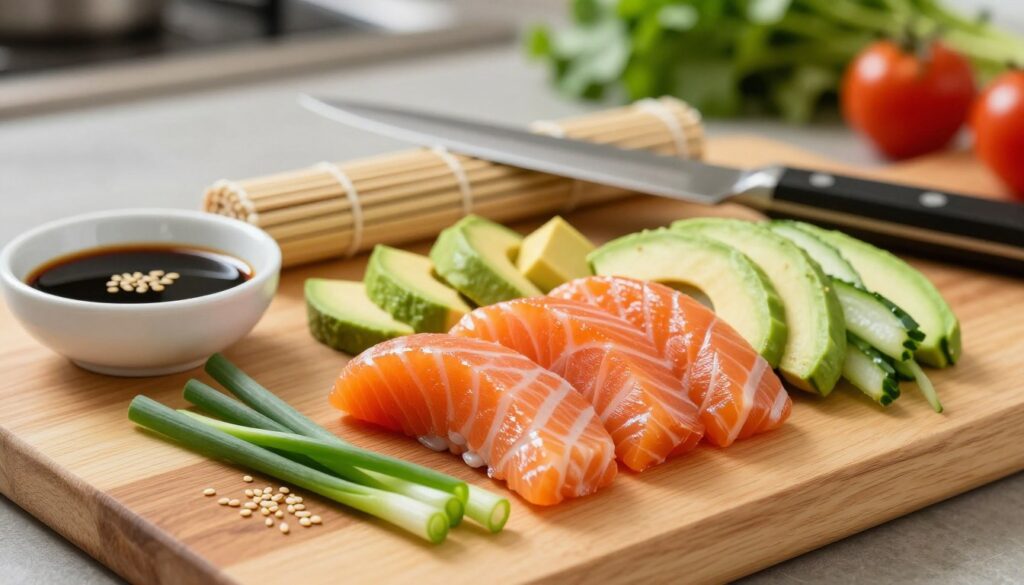 Fresh ingredients for homemade maki sushi arranged artfully on a wooden cutting board. In the foreground, vibrant slices of salmon with a glossy sheen, surrounded by diced avocado, thin cucumber strips, and bright green scallions. A small dish of soy sauce and a sprinkle of sesame seeds sit nearby. In the middle ground, there's a bamboo sushi rolling mat, and a sushi knife glistening under soft, natural lighting. The background features a softly blurred kitchen setting with herbs and vegetables, creating a warm, inviting atmosphere. Use a shallow depth of field to focus on the ingredients, capturing their freshness and color vibrancy, evoking a sense of culinary creativity and excitement.