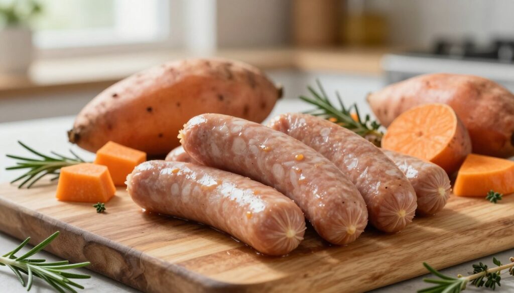 Fresh turkey sausage links arranged artistically on a rustic wooden cutting board, glistening with a light sheen. Nearby, vibrant orange sweet potatoes, some whole and some diced, create a striking contrast against the warm tones of the sausage. Fresh herbs, such as rosemary and thyme, are scattered around to enhance the clean eating vibe. In the background, a soft-focus kitchen setting is visible, with natural light streaming through a window, casting gentle shadows. The overall atmosphere is inviting and wholesome, evoking a sense of fresh, home-cooked goodness, with a shallow depth of field that draws focus to the foreground ingredients.