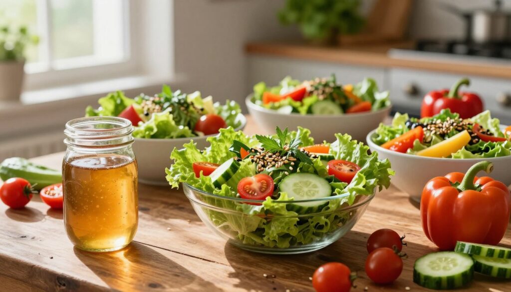 Fresh, vibrant salads artfully arranged on a rustic wooden table, showcasing an array of colorful vegetables like crisp romaine lettuce, juicy cherry tomatoes, crunchy cucumbers, and bright bell peppers. In the foreground, a mason jar filled with homemade dressing reflects sunlight, casting a warm golden glow. The middle ground features a selection of bowls overflowing with different salad combinations, garnished with herbs and seeds, inviting viewers to explore their health benefits. Soft natural light streams in from a nearby window, illuminating the salads and creating a cheerful, fresh atmosphere. In the background, blurred kitchen herbs and utensils suggest a homey cooking environment, emphasizing the wholesome and nutritious essence of salads. The image conveys a sense of health and vitality, inspiring a wholesome lifestyle choice.