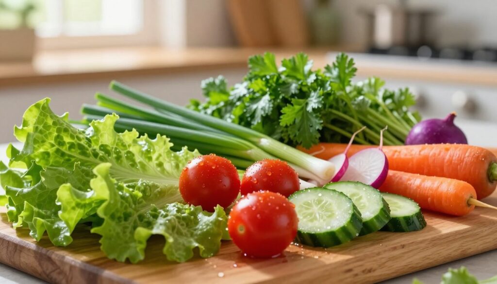 Fresh, vibrant vegetables for a spring mix salad, arranged artfully on a wooden cutting board. In the foreground, crisp green lettuce leaves, bright red cherry tomatoes, and thinly sliced cucumber glisten with dew. A sprinkle of purple radishes and orange carrots add bursts of color. In the middle, an array of scallions and fresh herbs like parsley and cilantro provide texture and aroma. The background features a soft-focus kitchen setting with sunlight streaming through a window, casting gentle shadows. The lighting is warm and inviting, creating a fresh, organic atmosphere. Shot with a macro lens to emphasize the details of the vegetables, capturing the freshness and vibrancy essential for the best spring mix salad. Fresh, vibrant vegetables for a spring mix salad, arranged artfully on a wooden cutting board. In the foreground, crisp green lettuce leaves, bright red cherry tomatoes, and thinly sliced cucumber glisten with dew. A sprinkle of purple radishes and orange carrots add bursts of color. In the middle, an array of scallions and fresh herbs like parsley and cilantro provide texture and aroma. The background features a soft-focus kitchen setting with sunlight streaming through a window, casting gentle shadows. The lighting is warm and inviting, creating a fresh, organic atmosphere. Shot with a macro lens to emphasize the details of the vegetables, capturing the freshness and vibrancy essential for the best spring mix salad.