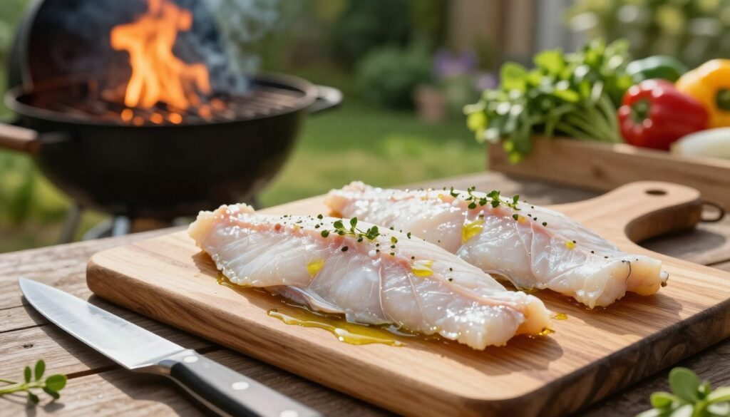 Fresh white fish fillets sit on a sleek wooden cutting board, glistening with a light drizzle of olive oil and sprinkled with fresh herbs. In the foreground, a chef’s knife is positioned nearby, hinting at the preparation process. The middle ground features a rustic outdoor grill with flames gently licking the air, hinting at the grilling that’s about to happen. In the background, a vibrant summer garden scene showcases green herbs and colorful vegetables, adding life and freshness to the atmosphere. The lighting is warm and inviting, reminiscent of a late afternoon sun, casting gentle shadows that enhance the textures of the fish and the grill. The overall mood is friendly and inviting, perfect for a casual cooking experience.