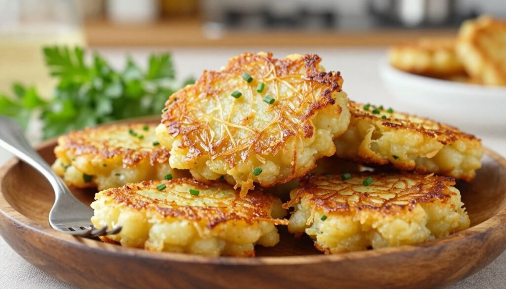 Golden crispy potato pancakes stacked on a rustic wooden plate, showcasing their beautifully textured, shredded surface that glistens with a light sheen of oil. In the foreground, a fork is playfully resting against the pancakes, inviting the viewer to take a bite. The middle ground features fresh green herbs like parsley or chives sprinkled atop the pancakes, enhancing their vibrant color. In the background, a softly blurred kitchen setting bathed in warm, natural light creates a cozy and inviting atmosphere. The lighting highlights the pancakes’ golden crust, emphasizing their crunchiness. The scene is well-composed, with a focus on the pancakes' crispy edges and warm tones, evoking a sense of comfort and home-cooked goodness.