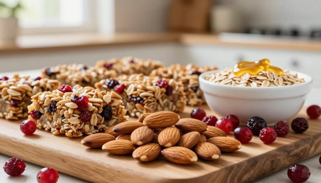 Healthy ingredients for oatmeal granola bars featuring almonds and cranberries Healthy ingredients for oatmeal granola bars featuring almonds and cranberries