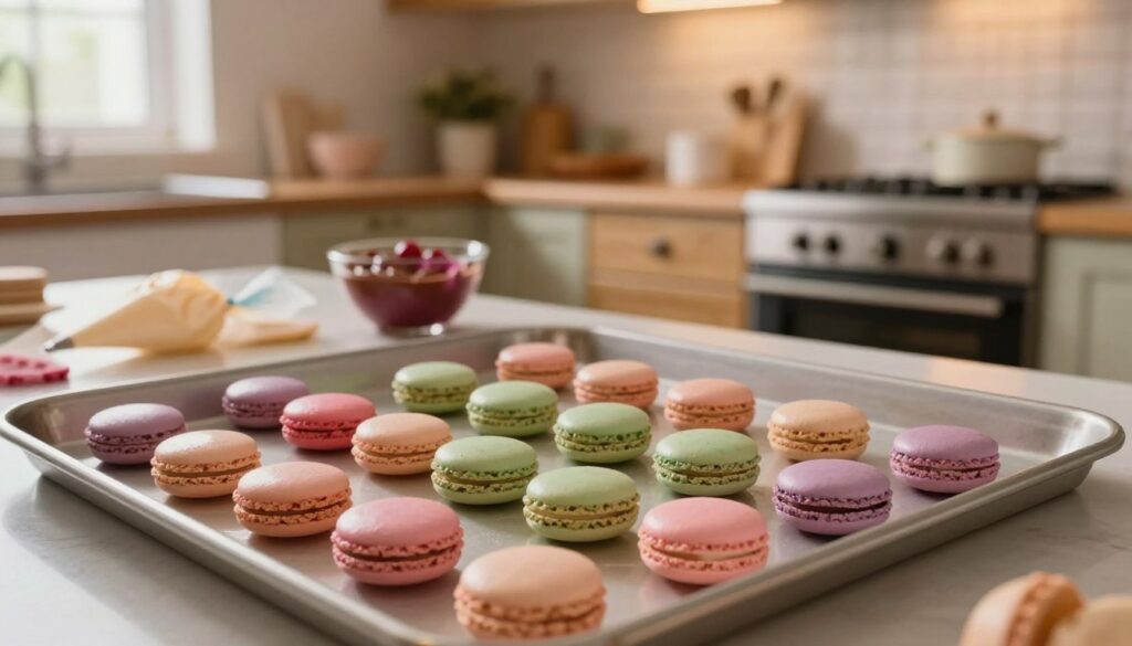 Inside a cozy kitchen, a warm and inviting scene unfolds as colorful macarons bake in a home oven. The foreground features a close-up of a baking tray filled with perfectly rounded macarons in pastel shades of pink, green, and lavender, with smooth, glossy tops. In the middle ground, an elegant kitchen counter adorned with baking tools, including a piping bag and a bowl of vibrant ganache, adds detail. The background reveals a softly lit kitchen space, with rustic wooden cabinets and a warm glow from the oven light, casting a soft ambiance. The angle captures this delightful baking moment from a slightly elevated perspective, evoking a sense of homey comfort and excitement. Overall, the scene conveys a joyful atmosphere, perfect for illustrating baking tips for bakery-style macarons at home.