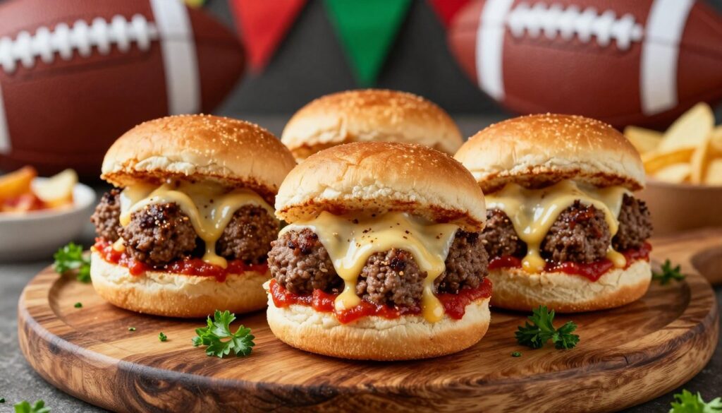 Layered presentation of meatball sub sliders, showcasing three golden-brown sliders on a rustic wooden platter, each slider filled with succulent beef meatballs, marinara sauce, and melted mozzarella cheese, drizzled with a rich, glossy garlic butter. Surrounding the sliders, a sprinkle of fresh parsley adds a pop of color. In the background, blurred festive football party decorations create a lively atmosphere, including a partially visible football and snacks. Soft, warm lighting enhances the deliciousness of the sliders, with a shallow depth of field focusing sharply on the sliders while gently blurring the party details. The angle is slightly above the platter, inviting the viewer to indulge in this appetizing game day treat.