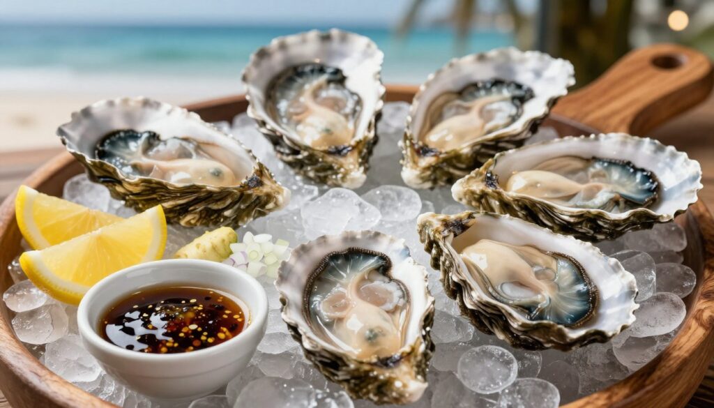 Raw oysters arranged elegantly on a polished ice bed, showcasing their glistening shells with hints of sea life. In the foreground, a small bowl of mignonette sauce glistens beside classic accompaniments: lemon wedges, fresh horseradish, and finely chopped shallots. The oysters display varying sizes and textures, emphasizing their natural beauty. The middle ground features a wooden serving platter with artisanal details, enhancing the rustic charm. In the background, soft-focus ocean-themed decor evokes a seaside atmosphere, with gentle lighting creating a warm, inviting ambiance. The image is shot from a slightly elevated angle with a shallow depth of field, allowing the vivid colors and details of the oysters to stand out, providing a sense of elegance and sophistication perfect for a culinary setting.