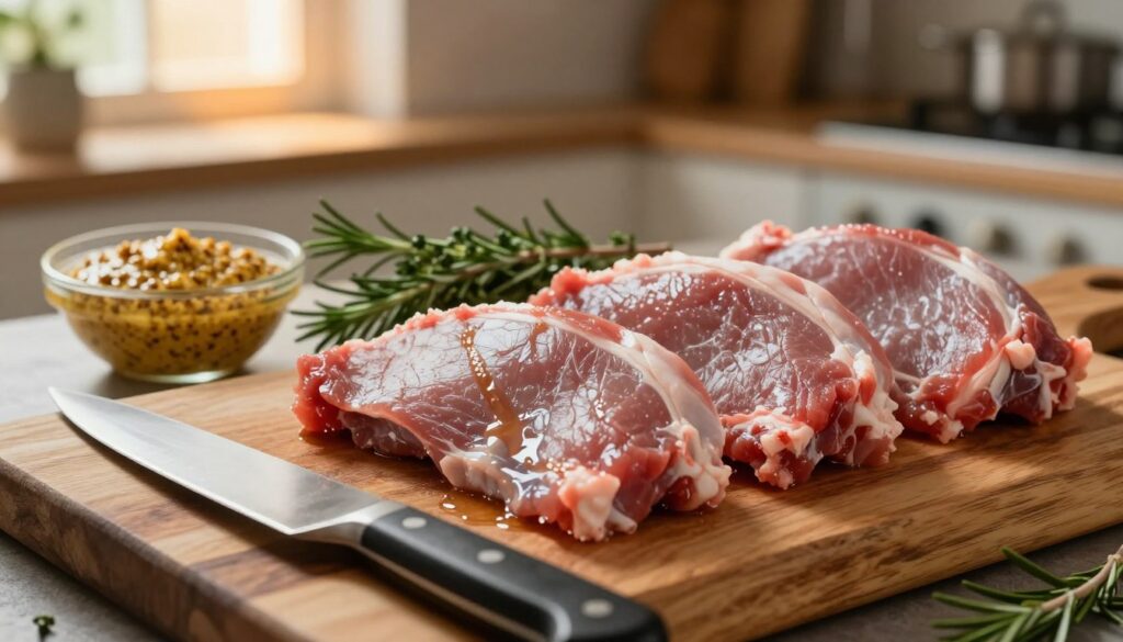 Tender rabbit meat cuts arranged elegantly on a rustic wooden cutting board, showcasing the rich textures and colors of the meat. In the foreground, a sharp chef’s knife lies beside the cuts, hinting at preparation. The meat features glistening juices and subtle marbling, highlighting its tenderness. In the middle ground, there are fresh herbs like thyme and rosemary, as well as a small bowl of mustard sauce invitingly placed nearby. The background features softly blurred kitchen elements, such as warm, ambient lighting from a window and kitchen utensils, creating a cozy, inviting atmosphere. The scene is captured from a slightly elevated angle, enhancing the visual appeal while maintaining a natural and wholesome vibe, emphasizing the special qualities of rabbit meat.