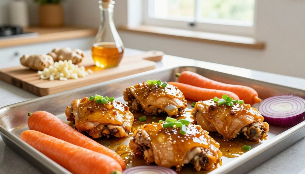 Vibrant kitchen scene showcasing the preparation of honey garlic chicken thighs, beautifully arranged on a sheet pan. In the foreground, succulent chicken thighs marinated in a glossy honey garlic sauce, garnished with freshly chopped green onions. Surrounding the chicken, colorful seasonal vegetables like vibrant bell peppers, carrots, and red onions add visual appeal. The middle ground features a wooden cutting board with minced garlic, ginger, and honey, illustrating key ingredients. In the background, a soft-focus view of an inviting, well-lit kitchen creates a warm, homey atmosphere, with natural light flooding in through a window. Shot from a top-down angle to emphasize the dish’s layout and textures, evoking a sense of delicious anticipation for a wholesome meal. Vibrant kitchen scene showcasing the preparation of honey garlic chicken thighs, beautifully arranged on a sheet pan. In the foreground, succulent chicken thighs marinated in a glossy honey garlic sauce, garnished with freshly chopped green onions. Surrounding the chicken, colorful seasonal vegetables like vibrant bell peppers, carrots, and red onions add visual appeal. The middle ground features a wooden cutting board with minced garlic, ginger, and honey, illustrating key ingredients. In the background, a soft-focus view of an inviting, well-lit kitchen creates a warm, homey atmosphere, with natural light flooding in through a window. Shot from a top-down angle to emphasize the dish’s layout and textures, evoking a sense of delicious anticipation for a wholesome meal.