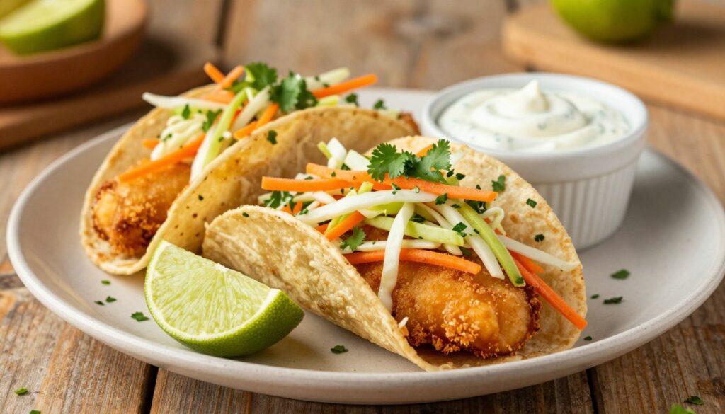 Current image: fish tacos with fresh slaw