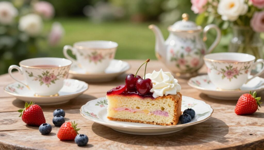 Current image: simple fruit and cherry afternoon tea cake