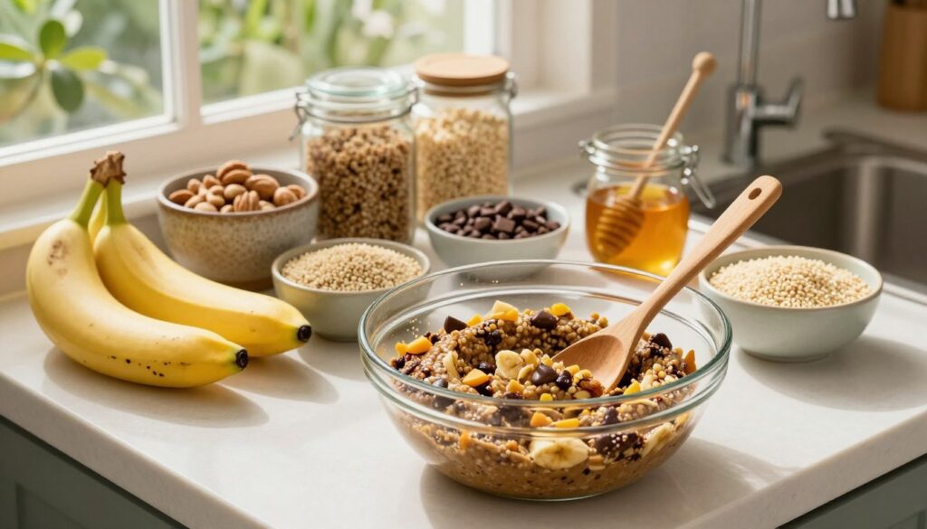A beautiful kitchen countertop adorned with ingredients for no-bake energy bars, featuring ripe bananas, cooked quinoa, and puffed rice in bowls. In the foreground, a vibrant, deliciously mixed energy bar batter is being combined in a glass mixing bowl, with a wooden spoon resting beside it. In the middle ground, neatly arranged ingredients in rustic containers, such as nuts, chocolate chips, and honey, suggest a healthy preparation method. The background reveals a sunlit kitchen with greenery peeking through a window, enhancing the freshness of the scene. The lighting is warm and inviting, creating a wholesome and energetic atmosphere. Capture this scene from a slightly elevated angle to emphasize the ingredients and the texture of the energy bar mixture.