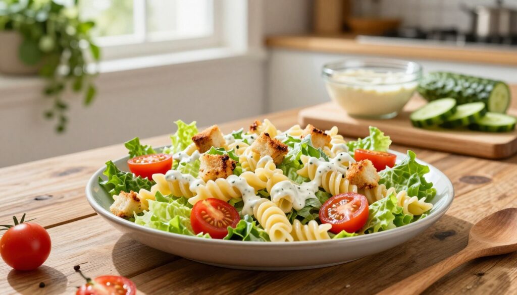 A beautifully arranged Caesar pasta salad on a rustic wooden table, showcasing the vibrant ingredients: al dente rotini pasta, freshly chopped romaine lettuce, cherry tomatoes, croutons, and a drizzle of creamy Caesar dressing. In the background, a softly lit kitchen with hanging herbs, a cutting board with sliced cucumbers, and a glass bowl filled with dressing, creating a welcoming atmosphere. The foreground features a wooden serving spoon poised over the salad, inviting viewers to dig in. Natural light filters in through a window, casting soft shadows and highlighting the colors and textures of the ingredients. Capture this scene from a slightly elevated angle for depth, evoking a cozy, home-cooked feel.