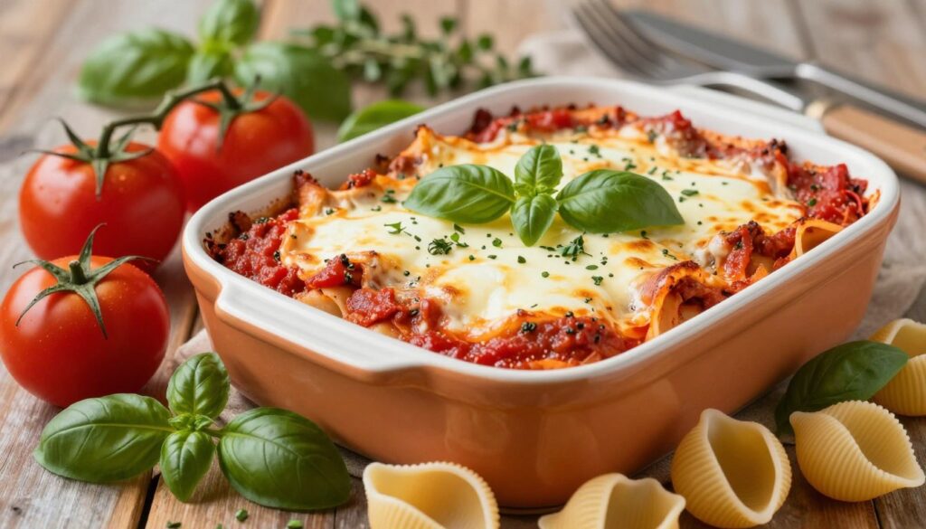 A beautifully arranged Italian pasta bake dish, showcasing layers of bubbling, rich tomato sauce and melted mozzarella cheese on top. In the foreground, vibrant fresh ingredients like ripe tomatoes, fragrant basil leaves, and golden pasta shells are artfully placed around the pasta bake. The middle ground features a hot, steaming pasta dish in a ceramic baking dish, golden brown and garnished with fresh herbs. In the background, a rustic wooden table setting complements the warm, inviting atmosphere, with subtle kitchen utensils and herbs scattered. Soft, natural lighting illuminates the scene, highlighting the textures of the ingredients, creating a cozy, homey vibe. Capture this image from a slightly elevated angle to emphasize the layers of the dish while keeping the focus on the vibrant colors and textures.