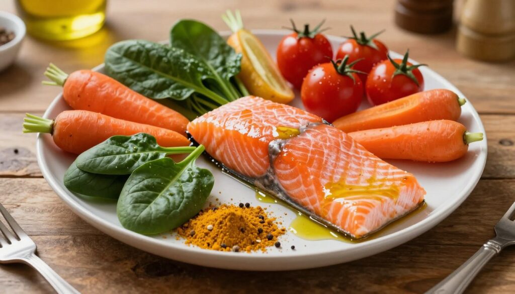A beautifully arranged anti-inflammatory dinner spread featuring a vibrant fillet of salmon, glistening with a drizzle of olive oil. Surround the salmon with a medley of colorful vegetables, including bright orange carrots, deep green spinach, and red cherry tomatoes, all freshly cut and artistically placed. Sprinkle a variety of spices, such as turmeric and black pepper, attractively around the ingredients to emphasize their health benefits. The background should be softly blurred to highlight the food, with warm, natural lighting casting a golden glow on the scene. The setting is a rustic wooden table, evoking a cozy, inviting atmosphere, perfect for a healthy dinner. Use a top-down angle to capture the full arrangement, ensuring a clean and appetizing presentation without any text or distractions.