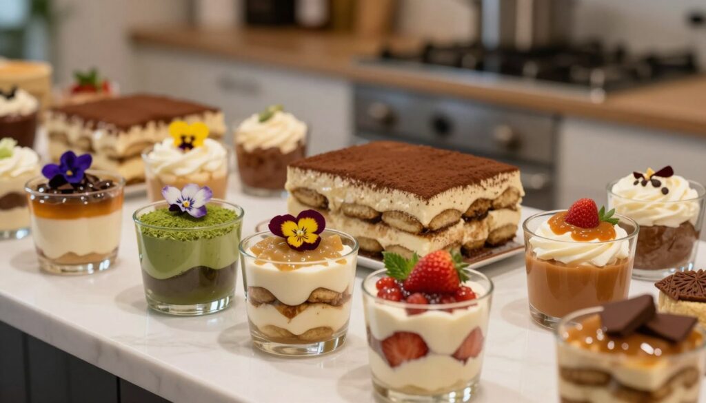 A beautifully arranged assortment of creative sweet tiramisu variations displayed on an elegant dessert table. In the foreground, focus on individual tiramisu servings layered in glass cups, featuring unique flavors like matcha, strawberry, and caramel, each garnished with delicate edible flowers and fresh fruit. In the middle ground, include a classic tiramisu made with rich espresso and cocoa dusting, alongside innovative options topped with chocolate shavings and flavored sauces. The background features soft, blurred details of a stylish kitchen with warm, ambient lighting, capturing a cozy, inviting atmosphere. Use a shallow depth of field to emphasize the desserts, keeping the focus sharp on the textures and colors of the tiramisu, evoking a sense of artistic culinary creativity.