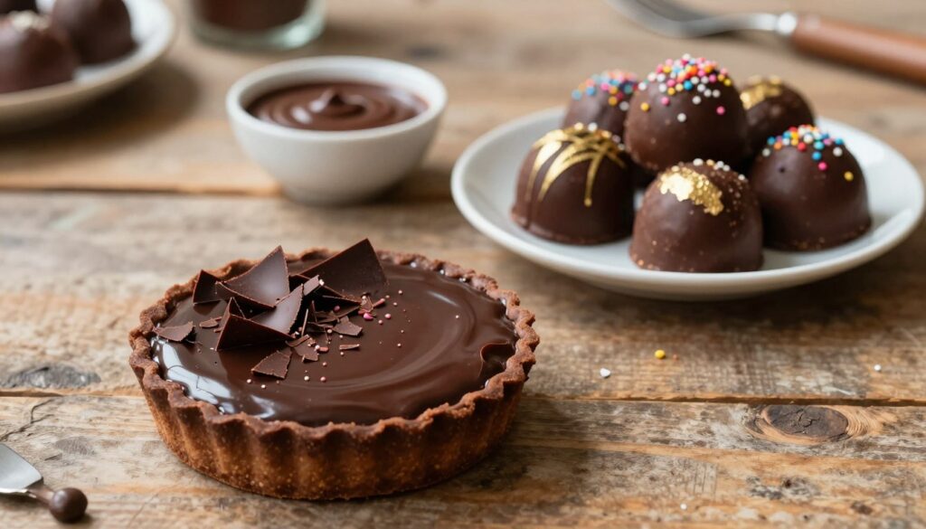 A beautifully arranged assortment of indulgent chocolate treats on a rustic wooden table. In the foreground, a glossy, rich chocolate tart, its ganache glistening under soft, diffused lighting, with delicate chocolate shavings sprinkled on top. Next to the tart, an elegant dessert plate holds a few chocolate truffles, each uniquely decorated with gold leaf and colorful sprinkles. In the middle, a small bowl of melted chocolate sauce adds an inviting touch. The background features blurred hints of kitchen tools, emphasizing a cozy baking environment. The atmosphere is warm and inviting, suggesting a luxurious yet homely feel. The image is captured from a slightly elevated angle to showcase the textures and layers, with a depth of field that draws focus to the treats.