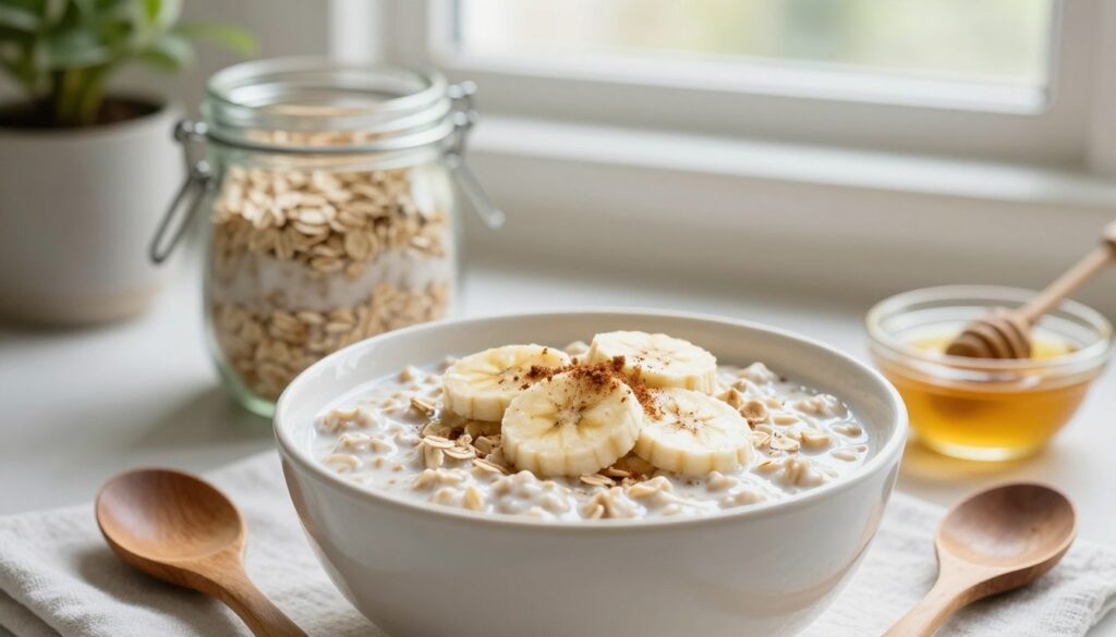 A beautifully arranged bowl of basic overnight oats takes center stage, filled with creamy rolled oats soaked in almond milk, and topped with fresh slices of banana and a sprinkle of cinnamon. In the foreground, a wooden spoon rests beside the bowl, hinting at the easy preparation method. The middle ground features a glass jar filled with more oats, showcasing the layering technique often used, alongside a small dish of honey for sweetness. In the background, a cozy kitchen setting with soft, natural light filtering through a window enhances the homely atmosphere. A blurred potted plant adds a touch of greenery, creating a relaxed and inviting mood, perfect for illustrating the simplicity and efficacy of overnight oats. The scene captures the essence of wholesome, nutritious breakfast preparation.