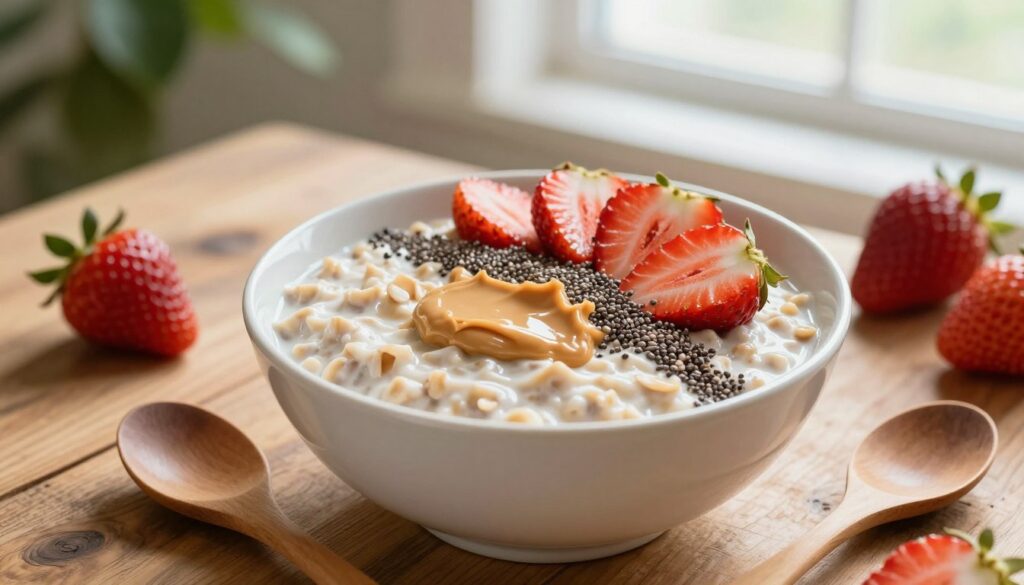 A beautifully arranged bowl of healthy protein overnight oats sits on a rustic wooden table, surrounded by vibrant ingredients. The oats, creamy and thick, are topped with fresh, juicy strawberries, a dollop of peanut butter, and a sprinkle of chia seeds. In the foreground, a small wooden spoon lies beside the bowl, inviting viewers to dig in. Soft, natural light shines from a nearby window, creating a warm and inviting atmosphere. In the background, blurred green plants hint at a kitchen setting, enhancing the fresh, wholesome vibe. The angle is slightly elevated, allowing for a detailed view of the textures and colors, accentuating the healthful nature of the dish.