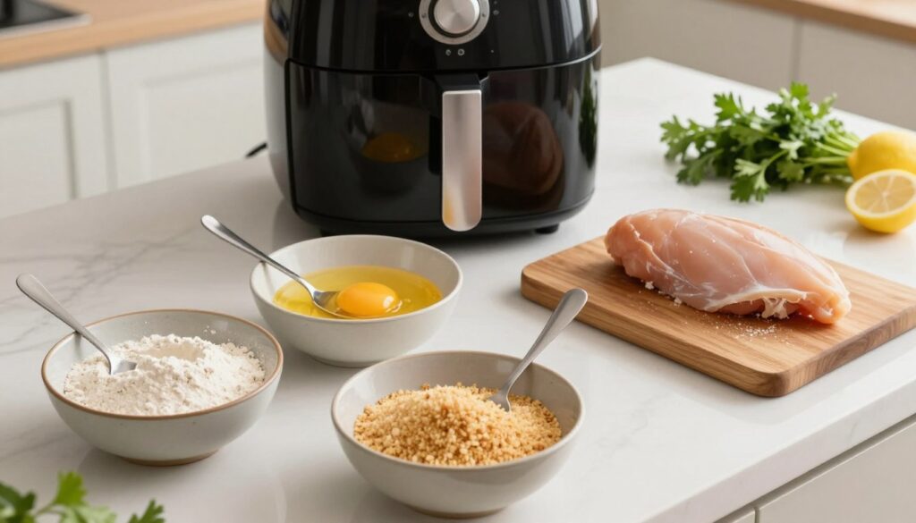 A beautifully arranged breading station for chicken schnitzel, showcasing step-by-step preparation for an air fryer. In the foreground, three shallow bowls are filled with flour, beaten eggs, and seasoned breadcrumbs, each with a small spoon for easy use. A piece of raw chicken breast is placed on a wooden cutting board, ready to be breaded. In the middle, a clean, stylish kitchen countertop, with an air fryer prominently displayed, hinting at the cooking process. The background features soft-focus kitchen cabinets and fresh ingredients like parsley and lemon, enhancing the culinary atmosphere. The image is bright and well-lit, with a warm, inviting tone, shot at a slight overhead angle to convey an organized, tidy workspace, perfect for home cooks. A beautifully arranged breading station for chicken schnitzel, showcasing step-by-step preparation for an air fryer. In the foreground, three shallow bowls are filled with flour, beaten eggs, and seasoned breadcrumbs, each with a small spoon for easy use. A piece of raw chicken breast is placed on a wooden cutting board, ready to be breaded. In the middle, a clean, stylish kitchen countertop, with an air fryer prominently displayed, hinting at the cooking process. The background features soft-focus kitchen cabinets and fresh ingredients like parsley and lemon, enhancing the culinary atmosphere. The image is bright and well-lit, with a warm, inviting tone, shot at a slight overhead angle to convey an organized, tidy workspace, perfect for home cooks.