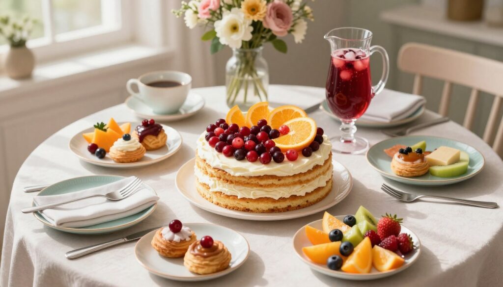 A beautifully arranged brunch table featuring a stunning cranberry mimosa breakfast cake as the centerpiece. The cake is elegantly decorated with fresh cranberries and orange slices on top, showcasing a light and fluffy texture. Surrounding the cake are aesthetically paired dishes, including delicate pastries, colorful fruit platters, and a pitcher of sparkling cranberry mimosa. The table is set with soft pastel-colored tableware, adding a touch of sophistication. Soft, natural lighting pours in from a nearby window, casting gentle shadows across the table. In the background, a tasteful flower arrangement enhances the inviting atmosphere, creating a warm and cheerful brunch setting. The composition should feel fresh, lively, and perfect for a festive gathering, captured with a slight overhead angle to highlight the table layout.