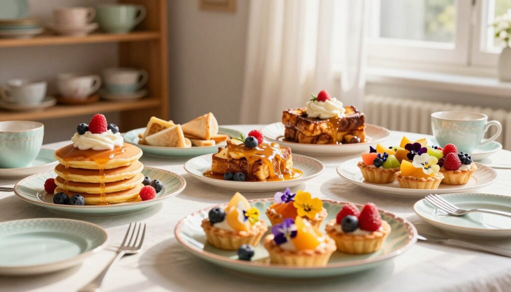A beautifully arranged brunch table showcasing an array of show-stopping sweet brunch mains, such as fluffy pancakes topped with fresh berries and whipped cream, a decadent French toast casserole drizzled with maple syrup, and vibrant fruit tarts adorned with edible flowers. The foreground features a close-up of a colorful platter, surrounded by delicate pastel-colored tableware. In the middle ground, soft, golden sunlight filters through sheer white curtains, casting warm shadows across the spread. The background hints at a cozy kitchen setting with rustic wooden shelves lined with vintage dishware. The overall atmosphere is inviting and cheerful, evoking a sense of effortless elegance and culinary delight. The color palette includes soft pastels and warm neutrals, enhancing the inviting mood.