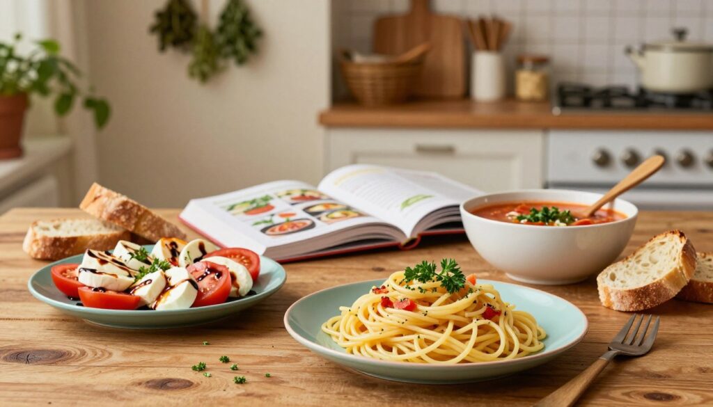 A beautifully arranged, budget-friendly Italian meal scene depicting a rustic wooden table set with colorful plates of easy-to-make dishes. In the foreground, a hearty spaghetti aglio e olio topped with fresh parsley, a vibrant Caprese salad with ripe tomatoes and mozzarella drizzled with balsamic glaze, and a bowl of comforting minestrone soup surrounded by freshly baked bread. The middle space features a cheerful cookbook opened to a quick Italian recipe, with a wooden spoon resting beside it. In the background, a warm kitchen environment decorated with hanging herbs and soft, ambient lighting that creates an inviting atmosphere, evoking the feeling of a cozy family gathering. Use a soft focus lens to enhance the warmth and homeliness of the scene. A beautifully arranged, budget-friendly Italian meal scene depicting a rustic wooden table set with colorful plates of easy-to-make dishes. In the foreground, a hearty spaghetti aglio e olio topped with fresh parsley, a vibrant Caprese salad with ripe tomatoes and mozzarella drizzled with balsamic glaze, and a bowl of comforting minestrone soup surrounded by freshly baked bread. The middle space features a cheerful cookbook opened to a quick Italian recipe, with a wooden spoon resting beside it. In the background, a warm kitchen environment decorated with hanging herbs and soft, ambient lighting that creates an inviting atmosphere, evoking the feeling of a cozy family gathering. Use a soft focus lens to enhance the warmth and homeliness of the scene.