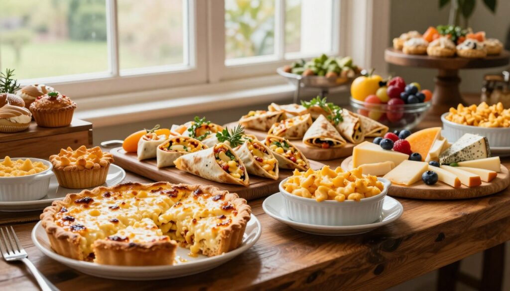 A beautifully arranged buffet table showcasing a variety of cheesy brunch ideas for a crowd. In the foreground, a wooden table laden with vibrant dishes like creamy cheese-filled quiches, gooey mac and cheese in individual baked pots, and a platter of assorted gourmet cheeses with fresh fruits. The middle ground highlights a colorful array of cheesy breakfast burritos and fluffy cheese-stuffed pastries, elegantly garnished with herbs. In the background, soft natural light streams in through large windows, casting a warm glow over the scene. The atmosphere is inviting and festive, perfect for a stylish brunch gathering. The layout feels abundant yet organized, emphasizing a sophisticated brunch experience.
