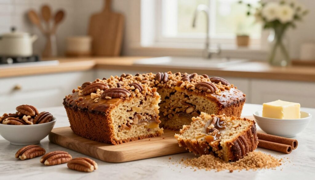 A beautifully arranged cinnamon streusel coffee cake sits prominently in the foreground, showcasing its golden-brown crust and crunchy pecan topping. The cake is sliced to reveal a moist texture, infused with aromatic cinnamon and buttery sweetness. Surrounding the cake are neatly displayed ingredients like crushed pecans, a small bowl of cinnamon, butter, and a dusting of brown sugar, enhancing the culinary theme. The middle ground features a wooden cutting board and a cozy kitchen environment with warm, natural light streaming in through a nearby window. The background contains softly blurred kitchen utensils and a vase with fresh flowers, creating an inviting atmosphere. Shot at a slightly elevated angle with a soft focus effect to capture the cake's delectable details and inviting warmth, evoking a sense of comfort and home-baked delight.