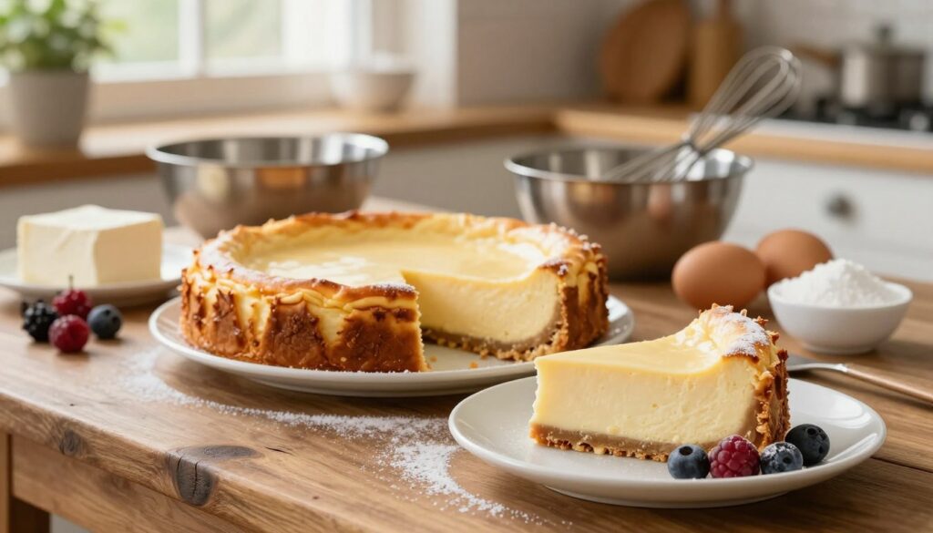 A beautifully arranged classic baked cheesecake in a cozy kitchen setting, showcasing a creamy, smooth filling with a golden-brown crust. In the foreground, a slice of the cheesecake is nestled on a white plate, adorned with fresh berries and a dusting of powdered sugar. In the middle ground, a rustic wooden table holds a mixing bowl and a whisk, surrounded by ingredients like cream cheese, eggs, and sugar, hinting at the baking process. The background features softly blurred warm kitchen décor, including a potted plant and gentle sunlight streaming through a window, creating an inviting atmosphere. The image is captured with a warm, soft focus, highlighting the textures of the cheesecake and the homely surroundings.