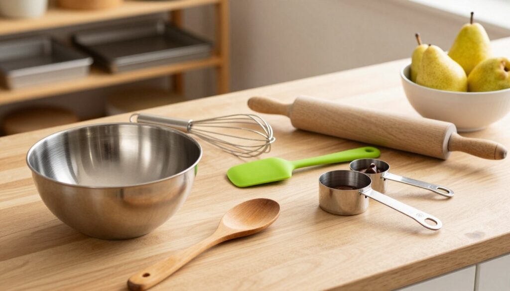 A beautifully arranged collection of essential kitchen tools and equipment for baking, specifically tailored for making pear and chocolate clafoutis. In the foreground, a stainless steel mixing bowl glistens under soft, warm light, accompanied by a wooden spoon and a set of measuring cups. In the middle, a sleek whisk, a rolling pin, and a vibrant green silicone spatula rest on a light-colored wooden countertop. In the background, blurred shelves hold various baking trays and a bowl of fresh pears, adding depth and context. The warm lighting creates a cozy atmosphere, inviting viewers into a homey kitchen environment. The angle captures the tools from above, providing a clear view while maintaining a sense of inviting warmth and readiness for baking.