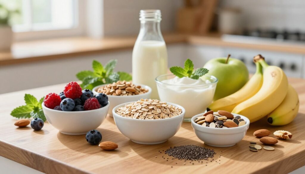 A beautifully arranged collection of nutritious breakfast ingredients on a wooden kitchen table, with fresh whole grains like oats and quinoa in small bowls. Surrounding them are vibrant fruits such as berries, bananas, and green apples, alongside a variety of nuts and seeds, including almonds and chia seeds. In the background, a bottle of almond milk and a small dish of Greek yogurt sit, with fresh herbs like mint adding a pop of color. Soft, natural morning light streams in from a nearby window, illuminating the ingredients and creating a warm, inviting atmosphere. The scene captures the essence of healthy eating, designed to inspire weight loss and wellness. Use a shallow depth of field to focus on the ingredients while softly blurring the background.