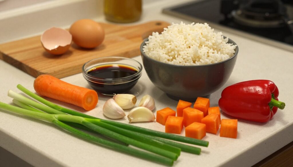 A beautifully arranged countertop laden with essential ingredients for homemade fried rice. In the foreground, vibrant green scallions, golden garlic cloves, fresh carrots diced into small cubes, and vibrant red bell pepper are artistically scattered. In the middle, a bowl of cooked white rice forms the base, showcasing its fluffy texture, while a small dish of soy sauce glistens invitingly next to it. In the background, a wooden cutting board holds a cracked egg ready to be whisked. Soft, warm lighting creates a cozy kitchen atmosphere, highlighting the freshness of the ingredients. The scene is captured from a slightly elevated angle, giving a clear view of the colorful spread, evoking a sense of warmth and homeliness ideal for a busy weeknight meal.