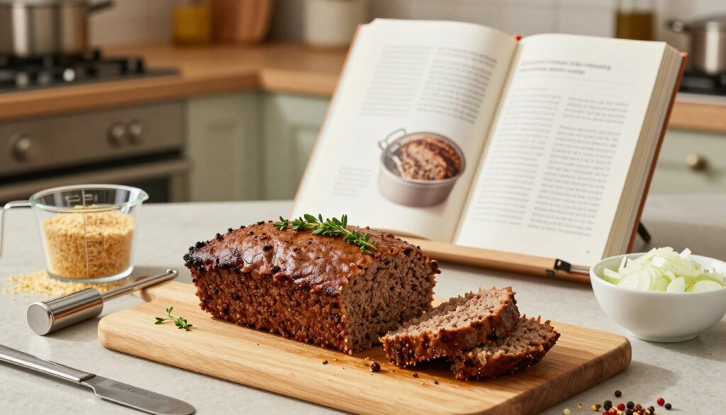 A beautifully arranged countertop scene showcasing expert tips for preparing tender and moist meatloaf. In the foreground, a perfectly browned meatloaf sliced open, revealing a juicy interior, garnished with fresh herbs. Beside it, a wooden cutting board displays kitchen tools: a meat thermometer, a measuring cup with breadcrumbs, and a bowl full of chopped onions and spices. In the middle ground, a cookbook opened to a page on meatloaf preparation, with visible handwritten notes. The background features a cozy kitchen with soft, warm lighting creating an inviting atmosphere. The lens captures intricate details while maintaining a slight blur on the kitchen in the backdrop, emphasizing the meatloaf preparation as the focal point.