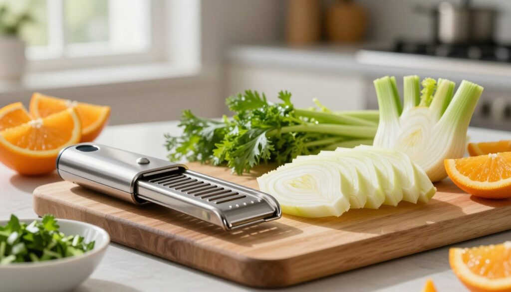 A beautifully arranged cutting board featuring freshly cut slices of fennel prepared with a mandoline, showcasing the delicate, translucent layers of the vegetable. The foreground focuses on an elegant stainless steel mandoline slicer, positioned next to a bowl of vibrant orange segments and chopped herbs. In the middle, the cutting board is adorned with bright green fennel fronds and contrasting shades of orange, creating a fresh, inviting atmosphere. The background softly blurs into a modern kitchen setting with warm, natural lighting streaming from a nearby window, casting gentle shadows that enhance the textures of the ingredients. The overall mood is one of professionalism and culinary artistry, perfect for illustrating expert preparation techniques. A beautifully arranged cutting board featuring freshly cut slices of fennel prepared with a mandoline, showcasing the delicate, translucent layers of the vegetable. The foreground focuses on an elegant stainless steel mandoline slicer, positioned next to a bowl of vibrant orange segments and chopped herbs. In the middle, the cutting board is adorned with bright green fennel fronds and contrasting shades of orange, creating a fresh, inviting atmosphere. The background softly blurs into a modern kitchen setting with warm, natural lighting streaming from a nearby window, casting gentle shadows that enhance the textures of the ingredients. The overall mood is one of professionalism and culinary artistry, perfect for illustrating expert preparation techniques.