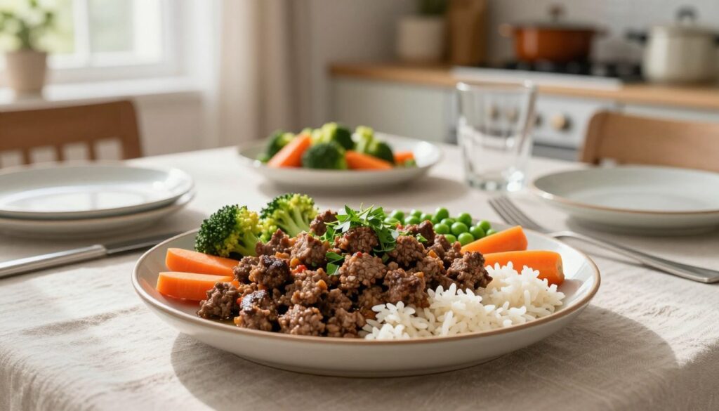 A beautifully arranged dinner table featuring a family-friendly beef mince dish served with colorful mixed vegetables and fluffy rice. In the foreground, a generous portion of savory beef mince, seasoned and cooked to perfection, topped with fresh herbs. Surrounding the dish are vibrant steamed carrots, broccoli, and peas, adding a splash of color. In the middle ground, a warm, inviting table setting with simple dinnerware and a cozy tablecloth that exudes a homey atmosphere. Soft, natural lighting streaming in from a nearby window creates a serene ambiance, accentuating the meal's delicious appeal. In the background, subtle hints of a comfortable kitchen, including pots and pans, suggest a family gathering space. Capture the essence of wholesome, budget-friendly cooking together while maintaining a focus on the delicious meal.