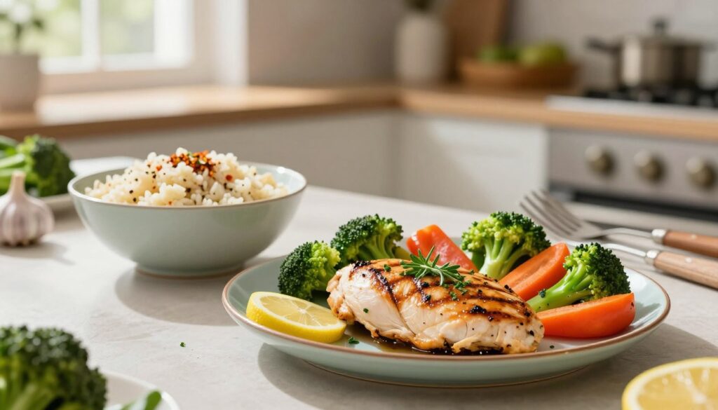A beautifully arranged dinner table featuring an enticing display of quick low-calorie chicken dinner recipes, designed for beginners. In the foreground, a vibrant plate holds a perfectly grilled chicken breast garnished with fresh herbs and lemon slices, alongside a colorful medley of steamed vegetables like broccoli, bell peppers, and carrots. In the middle ground, a stylish bowl of cauliflower rice with spices complements the chicken, while light, airy cooking utensils adorn the scene. The background features a softly lit kitchen setting with hints of fresh ingredients, such as garlic and herbs, creating a warm, inviting atmosphere. Natural light filters through a nearby window, casting gentle shadows and highlighting the fresh ingredients. The focus is sharp on the dish, with a shallow depth of field to create an engaging, culinary ambiance.