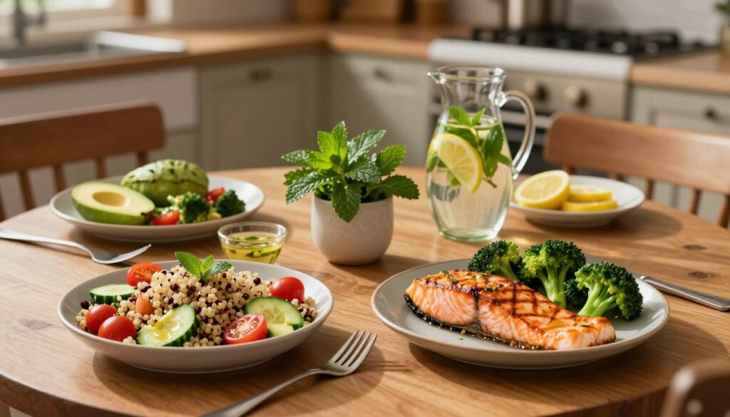 A beautifully arranged dinner table set for a weight loss meal, featuring a colorful spread of healthy dishes. In the foreground, a vibrant quinoa salad with cherry tomatoes, cucumber, and avocado sits in an elegant bowl, alongside grilled salmon garnished with lemon. Fresh steamed broccoli and a light vinaigrette dressing accentuate the meal. In the middle, a charming centerpiece of fresh herbs and a small pitcher of water infused with lemon and mint adds freshness. Soft, warm lighting creates an inviting atmosphere, casting gentle shadows and highlighting the textures of the food. The background features a cozy kitchen with wooden cabinets, enhancing the home-cooked ambiance. The lens captures the scene from a slight angle, drawing the viewer's attention to the delightful and nutritious dinner options. A beautifully arranged dinner table set for a weight loss meal, featuring a colorful spread of healthy dishes. In the foreground, a vibrant quinoa salad with cherry tomatoes, cucumber, and avocado sits in an elegant bowl, alongside grilled salmon garnished with lemon. Fresh steamed broccoli and a light vinaigrette dressing accentuate the meal. In the middle, a charming centerpiece of fresh herbs and a small pitcher of water infused with lemon and mint adds freshness. Soft, warm lighting creates an inviting atmosphere, casting gentle shadows and highlighting the textures of the food. The background features a cozy kitchen with wooden cabinets, enhancing the home-cooked ambiance. The lens captures the scene from a slight angle, drawing the viewer's attention to the delightful and nutritious dinner options.