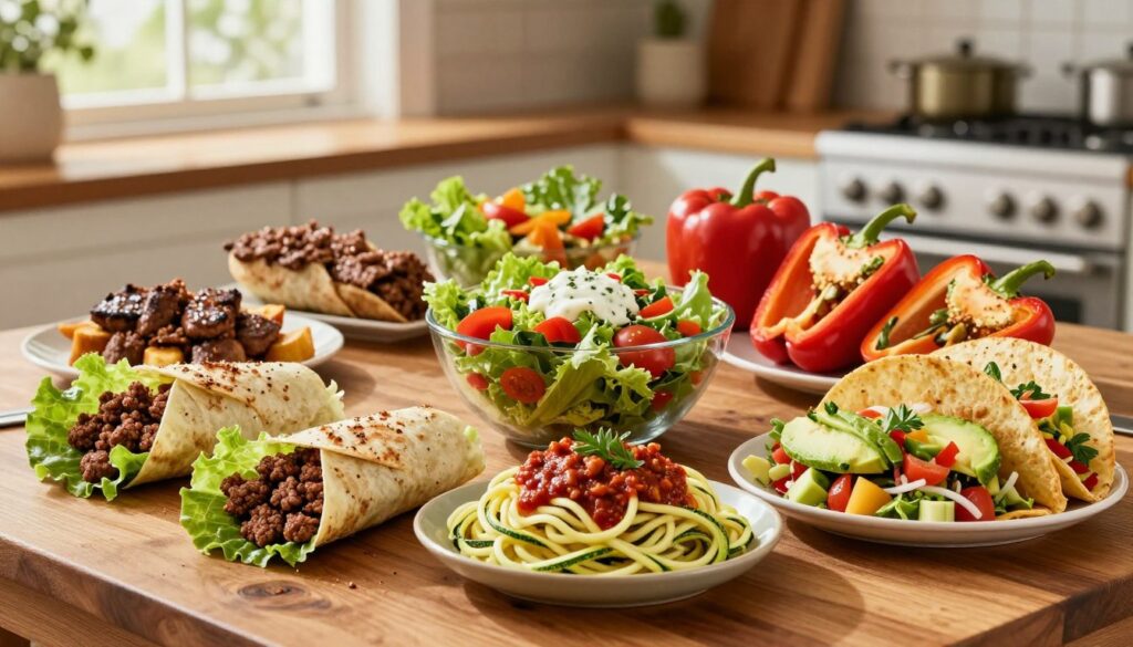 A beautifully arranged display of 14 diverse and colorful ground beef dinner ideas, showcasing healthy recipes for weight loss. In the foreground, feature a wooden table with an assorted platter of gourmet dishes: lettuce wraps filled with seasoned ground beef, zucchini noodles topped with a rich bolognese sauce, stuffed bell peppers with vegetables, and a refreshing taco salad with avocado. In the middle, a vibrant salad bowl with greens, cherry tomatoes, and a tangy dressing complements the dishes. In the background, soft natural lighting filters through a kitchen window, creating a warm and inviting atmosphere. The image should emphasize freshness and healthiness, with an appealing color palette of greens, reds, and browns. Use a shallow depth of field to focus on the dishes, while keeping the kitchen setting slightly blurred to enhance visual interest. A beautifully arranged display of 14 diverse and colorful ground beef dinner ideas, showcasing healthy recipes for weight loss. In the foreground, feature a wooden table with an assorted platter of gourmet dishes: lettuce wraps filled with seasoned ground beef, zucchini noodles topped with a rich bolognese sauce, stuffed bell peppers with vegetables, and a refreshing taco salad with avocado. In the middle, a vibrant salad bowl with greens, cherry tomatoes, and a tangy dressing complements the dishes. In the background, soft natural lighting filters through a kitchen window, creating a warm and inviting atmosphere. The image should emphasize freshness and healthiness, with an appealing color palette of greens, reds, and browns. Use a shallow depth of field to focus on the dishes, while keeping the kitchen setting slightly blurred to enhance visual interest.