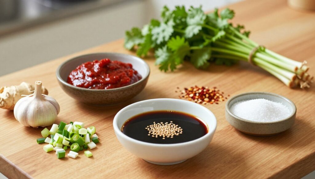 A beautifully arranged display of bulgogi rice bowl sauce ingredients on a wooden kitchen table. In the foreground, prominently feature a small, elegant bowl filled with soy sauce and sprinkled with sesame seeds. Surround it with fresh chopped garlic and ginger, thinly sliced green onions, and a small dish of sugar. The middle ground includes vibrant red gochujang (Korean chili paste) in a rustic bowl, with a few red pepper flakes scattered around. In the background, a soft-focus view of a hanging bunch of bright green cilantro adds freshness. The scene is softly lit with warm, natural light enhancing the textures and colors, conveying a cozy and inviting atmosphere in a home kitchen setting. The angle should be slightly above eye level, capturing the richness and depth of the ingredients without any distractions.